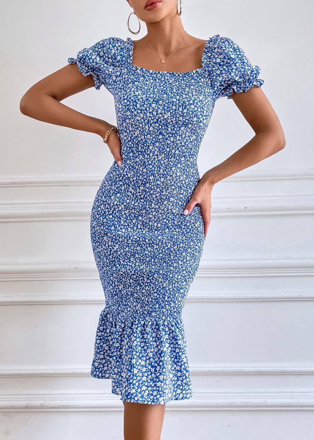 imagePRETTYGARDEN Summer Floral Bodycon Midi Dresses 2026 Puff Sleeve Mermaid Cocktail Baby Shower Photoshoot Maternity DressBlue