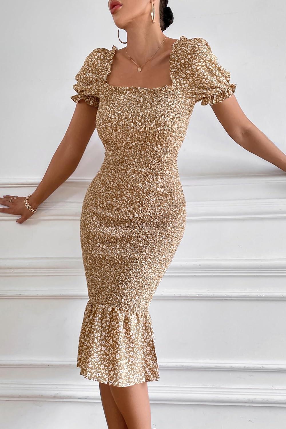 imagePRETTYGARDEN Summer Floral Bodycon Midi Dresses 2026 Puff Sleeve Mermaid Cocktail Baby Shower Photoshoot Maternity DressKhaki