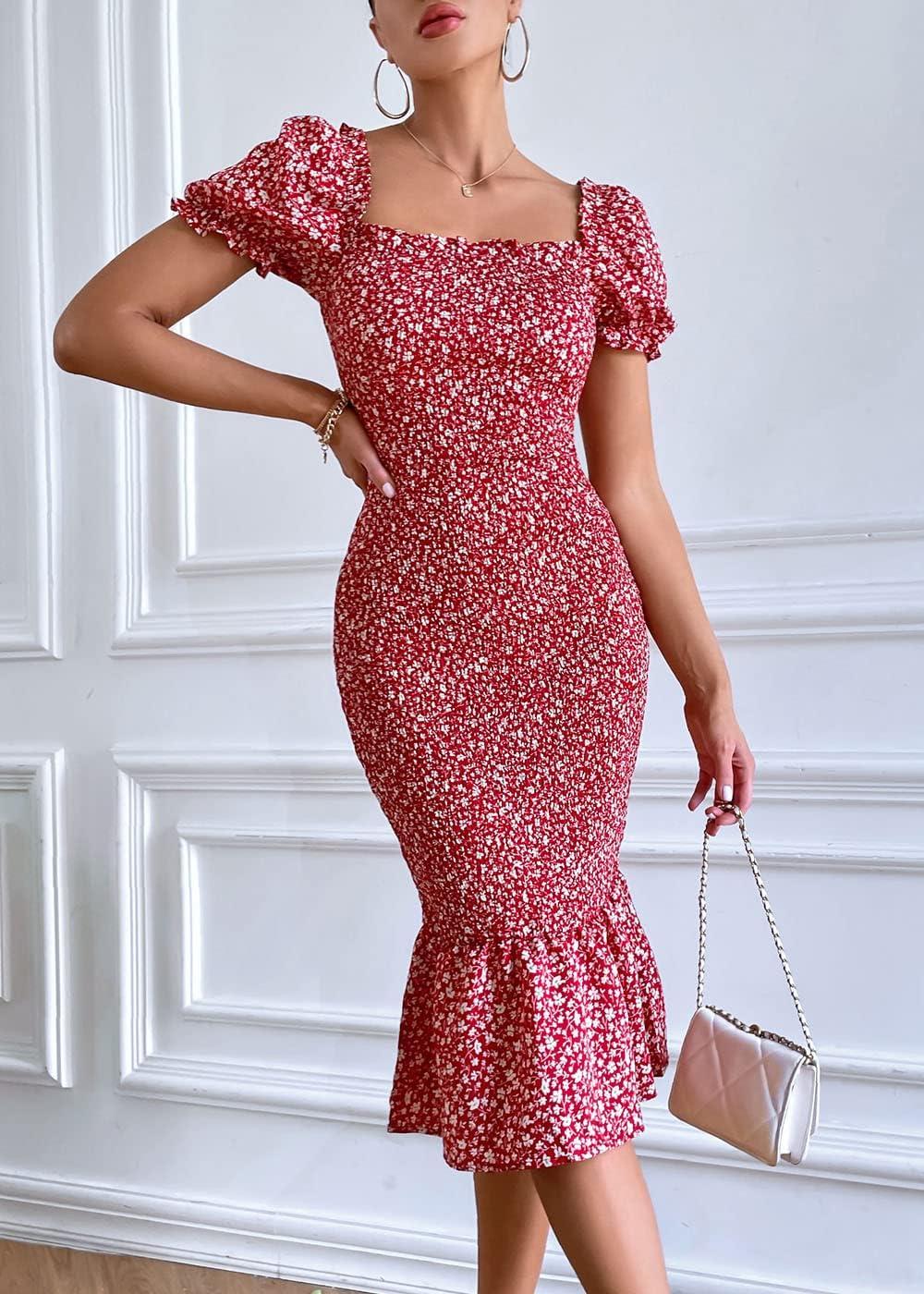 imagePRETTYGARDEN Summer Floral Bodycon Midi Dresses 2026 Puff Sleeve Mermaid Cocktail Baby Shower Photoshoot Maternity DressRed