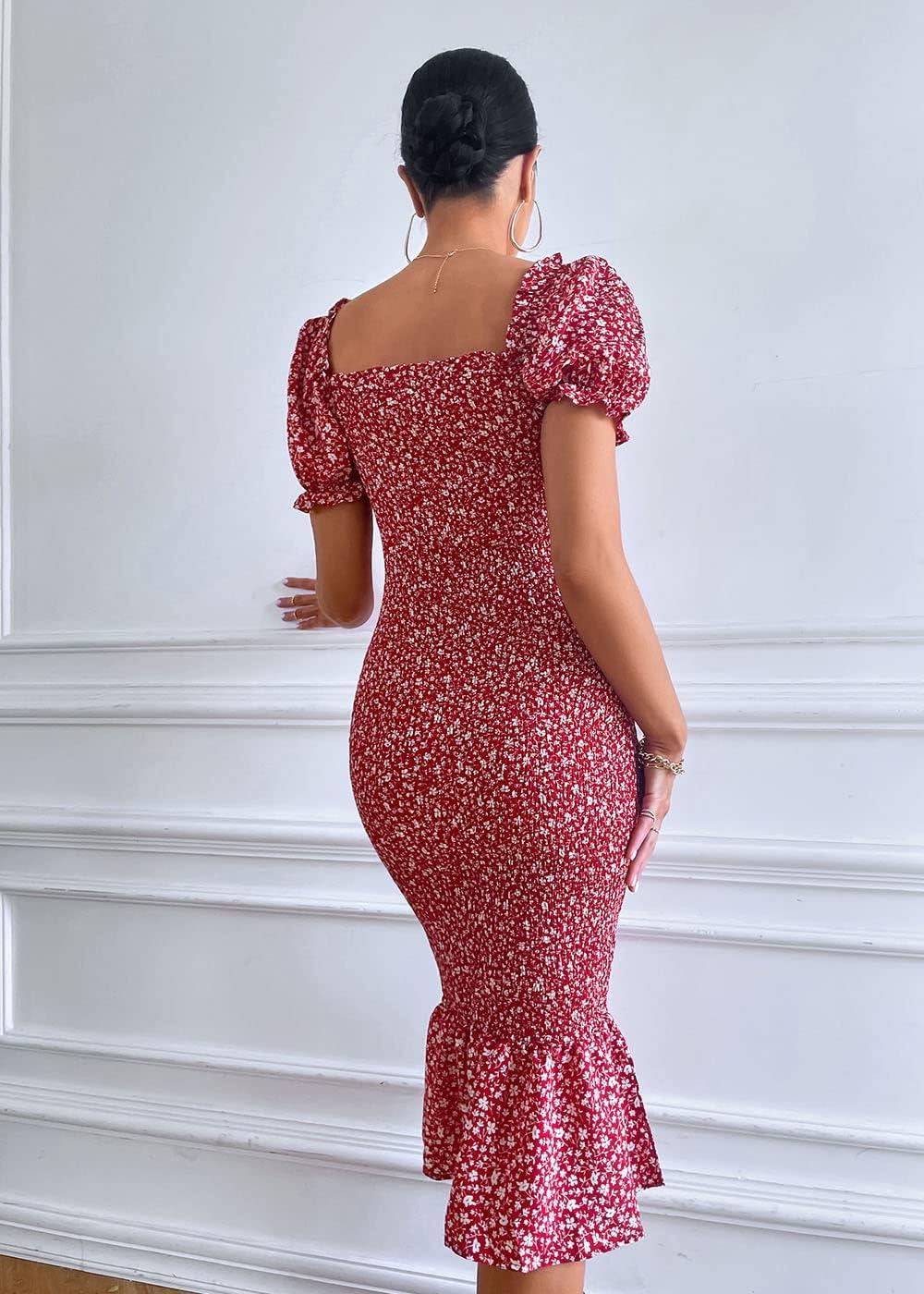 imagePRETTYGARDEN Summer Floral Bodycon Midi Dresses 2026 Puff Sleeve Mermaid Cocktail Baby Shower Photoshoot Maternity DressRed