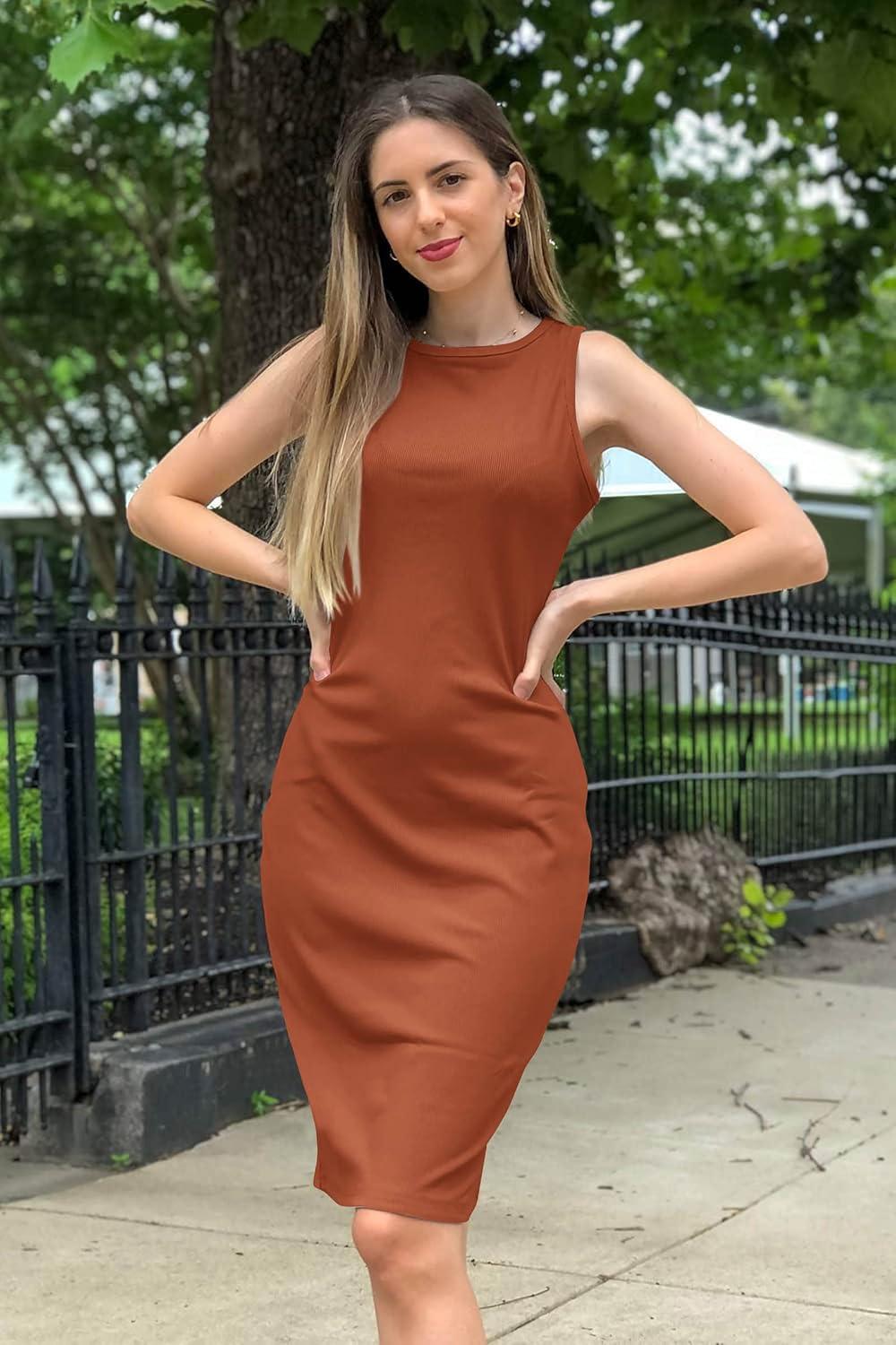 imagePRETTYGARDEN Women Bodycon Midi Dress 2026 Summer Spring Casual Vacation Sundress Fitted Sleeveless Tank DressesBrick Red