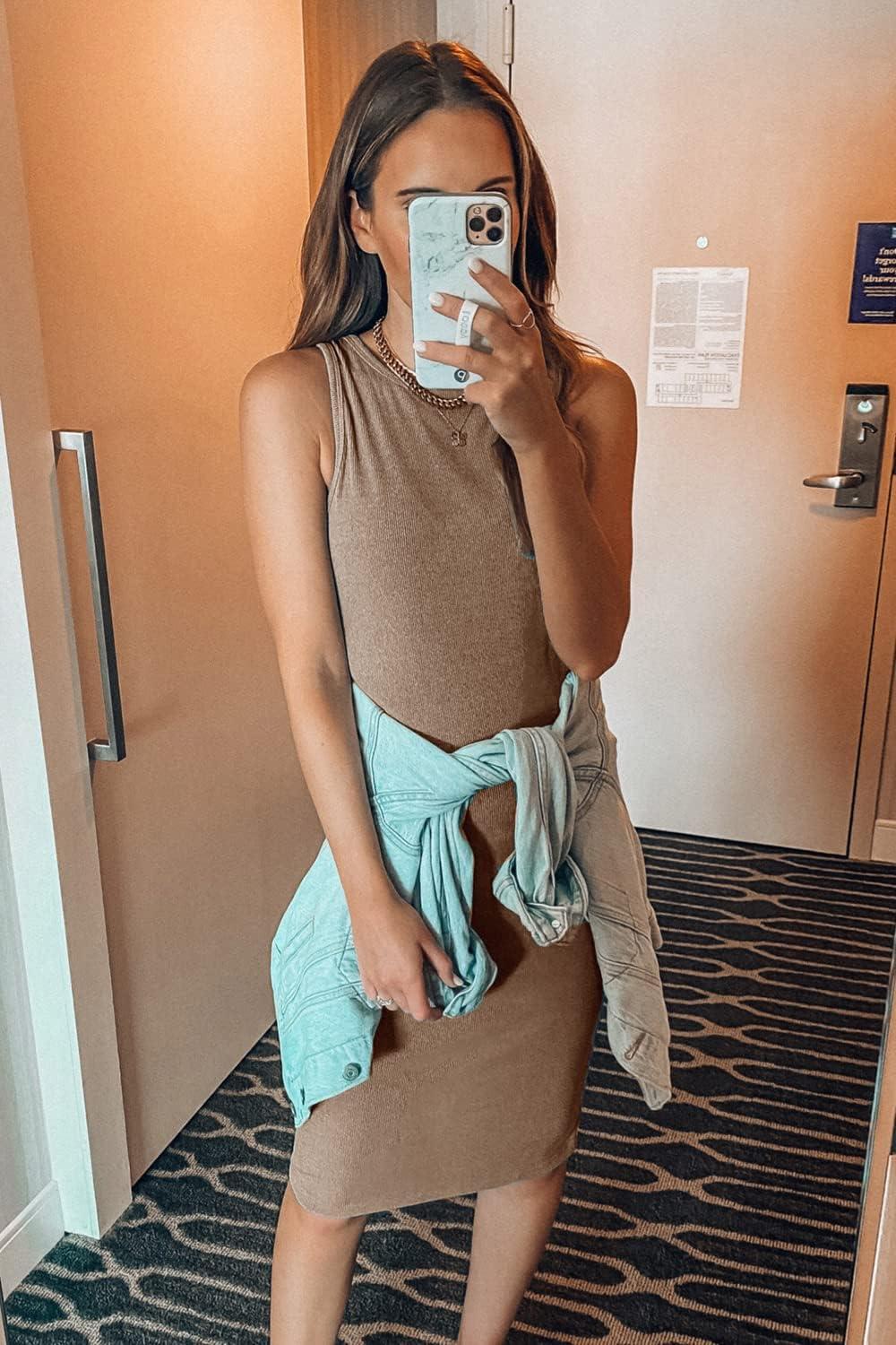imagePRETTYGARDEN Women Bodycon Midi Dress 2026 Summer Spring Casual Vacation Sundress Fitted Sleeveless Tank DressesCoffee