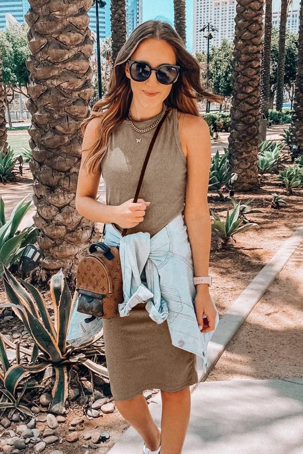imagePRETTYGARDEN Women Bodycon Midi Dress 2026 Summer Spring Casual Vacation Sundress Fitted Sleeveless Tank DressesCoffee