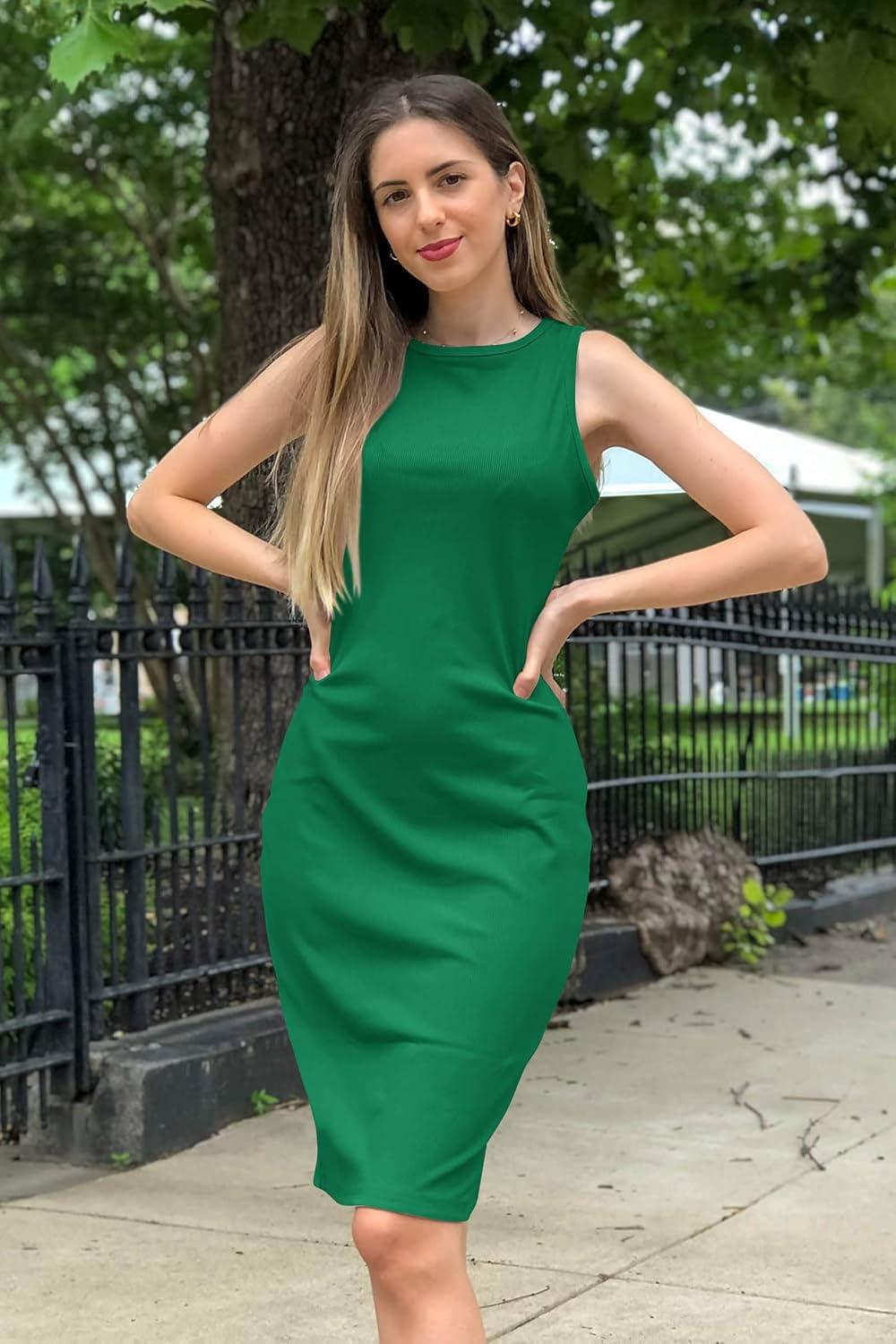 imagePRETTYGARDEN Women Bodycon Midi Dress 2026 Summer Spring Casual Vacation Sundress Fitted Sleeveless Tank DressesGreen