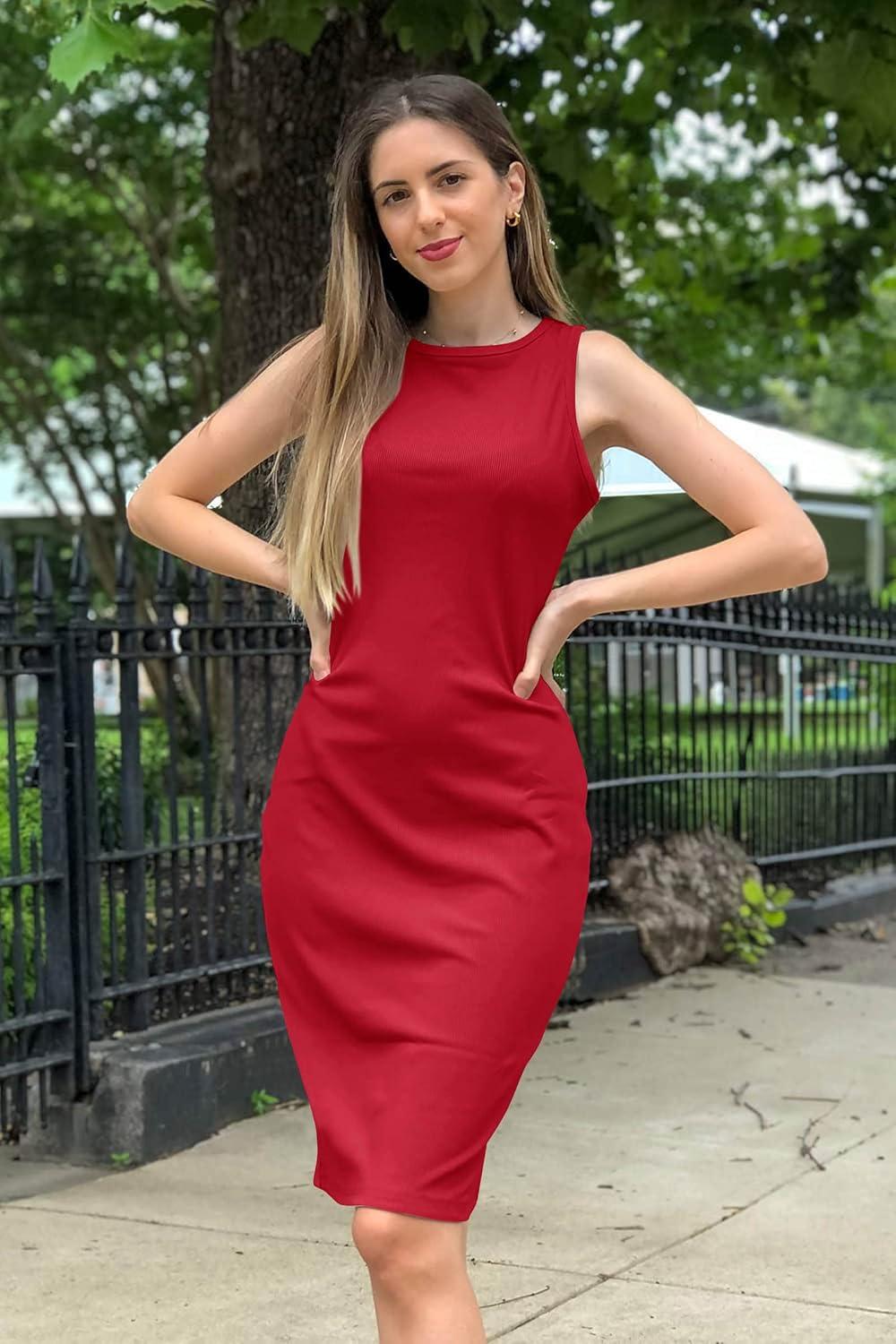 imagePRETTYGARDEN Women Bodycon Midi Dress 2026 Summer Spring Casual Vacation Sundress Fitted Sleeveless Tank DressesRed