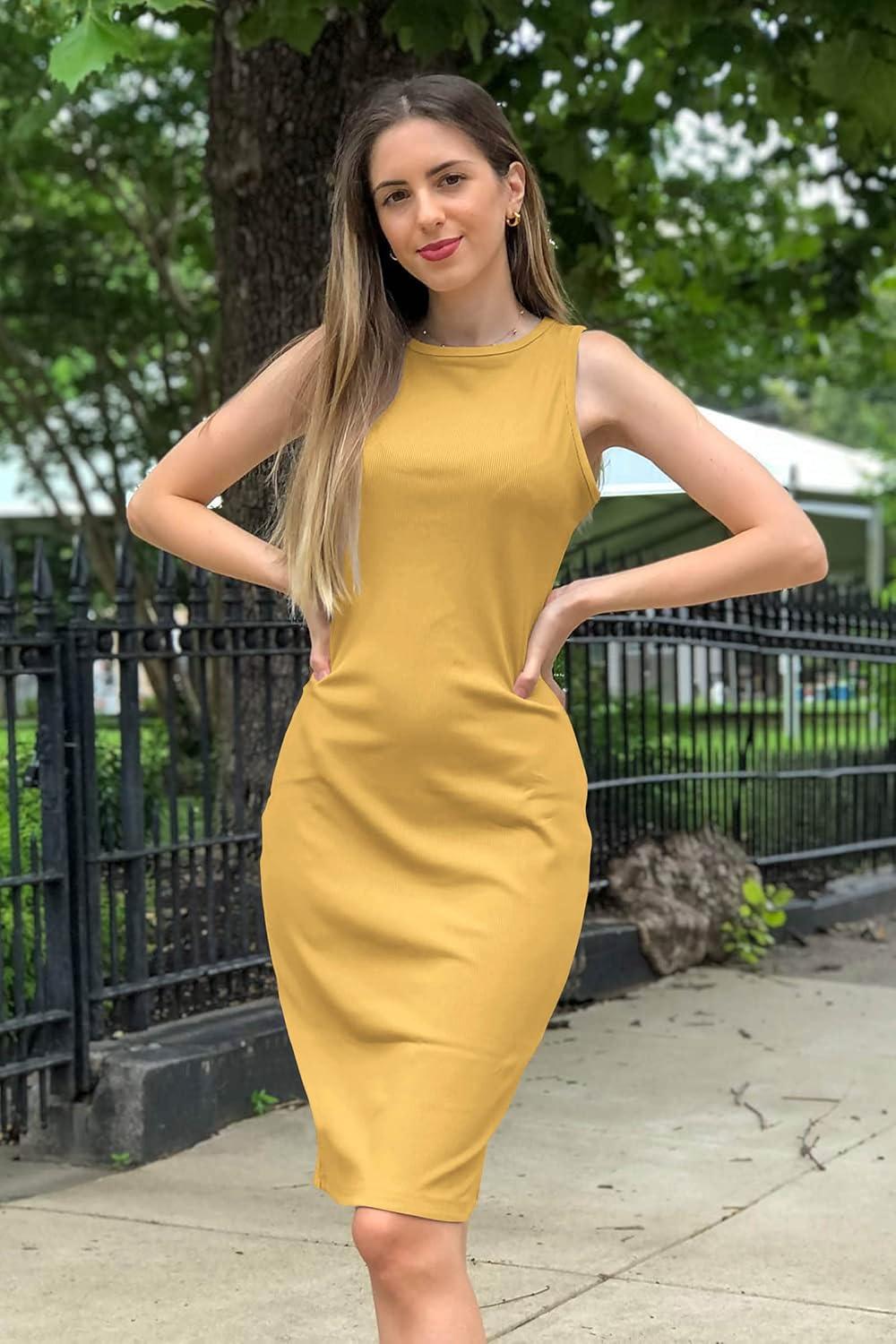 imagePRETTYGARDEN Women Bodycon Midi Dress 2026 Summer Spring Casual Vacation Sundress Fitted Sleeveless Tank DressesYellow