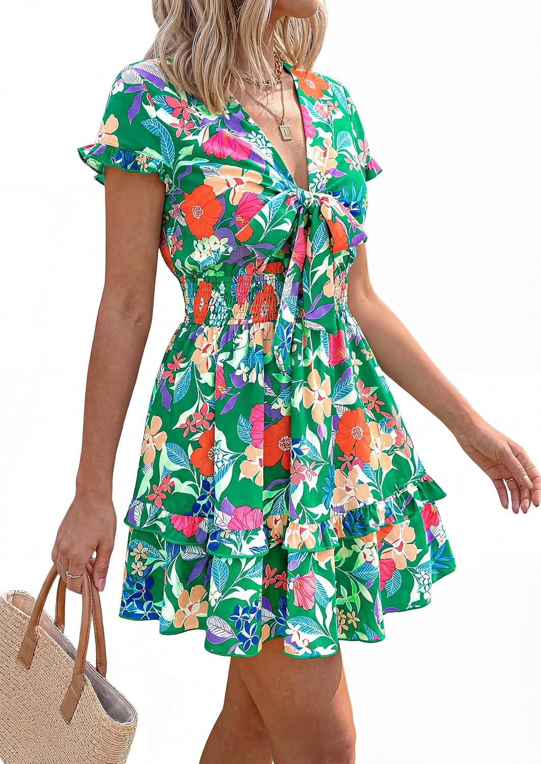imagePRETTYGARDEN Women Summer Short Dress 2026 Casual V Neck Short Sleeve Tiered Bow Mini Sun Dresses Beach Vacation SundressFloral Green Orange