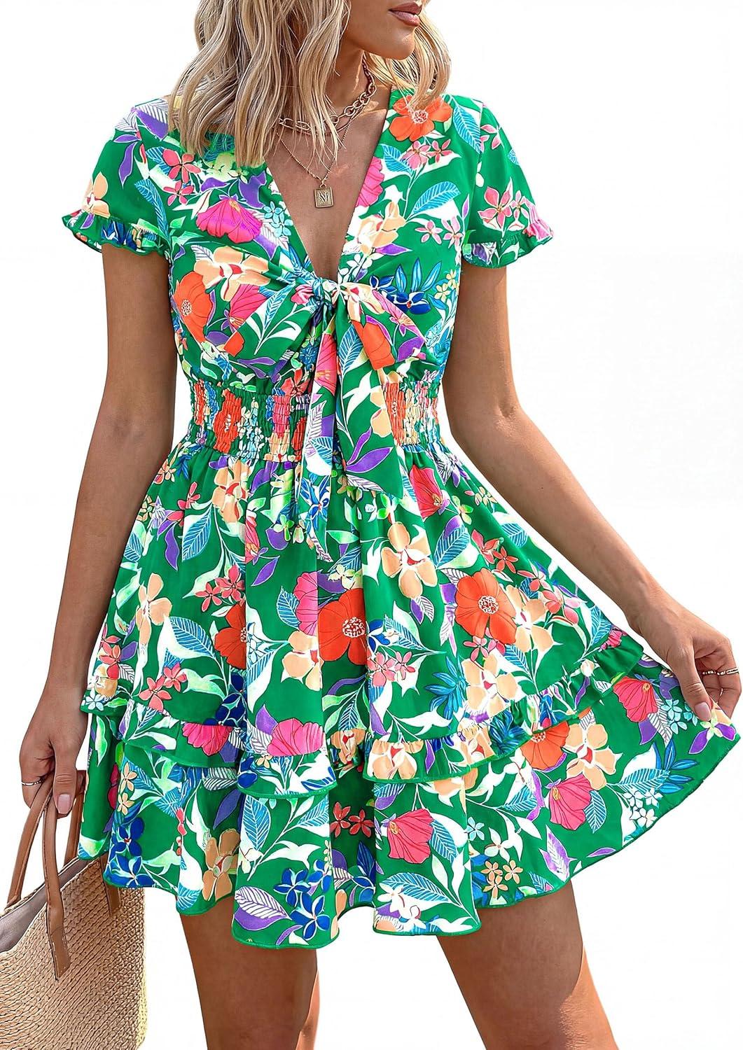 imagePRETTYGARDEN Women Summer Short Dress 2026 Casual V Neck Short Sleeve Tiered Bow Mini Sun Dresses Beach Vacation SundressFloral Green Orange