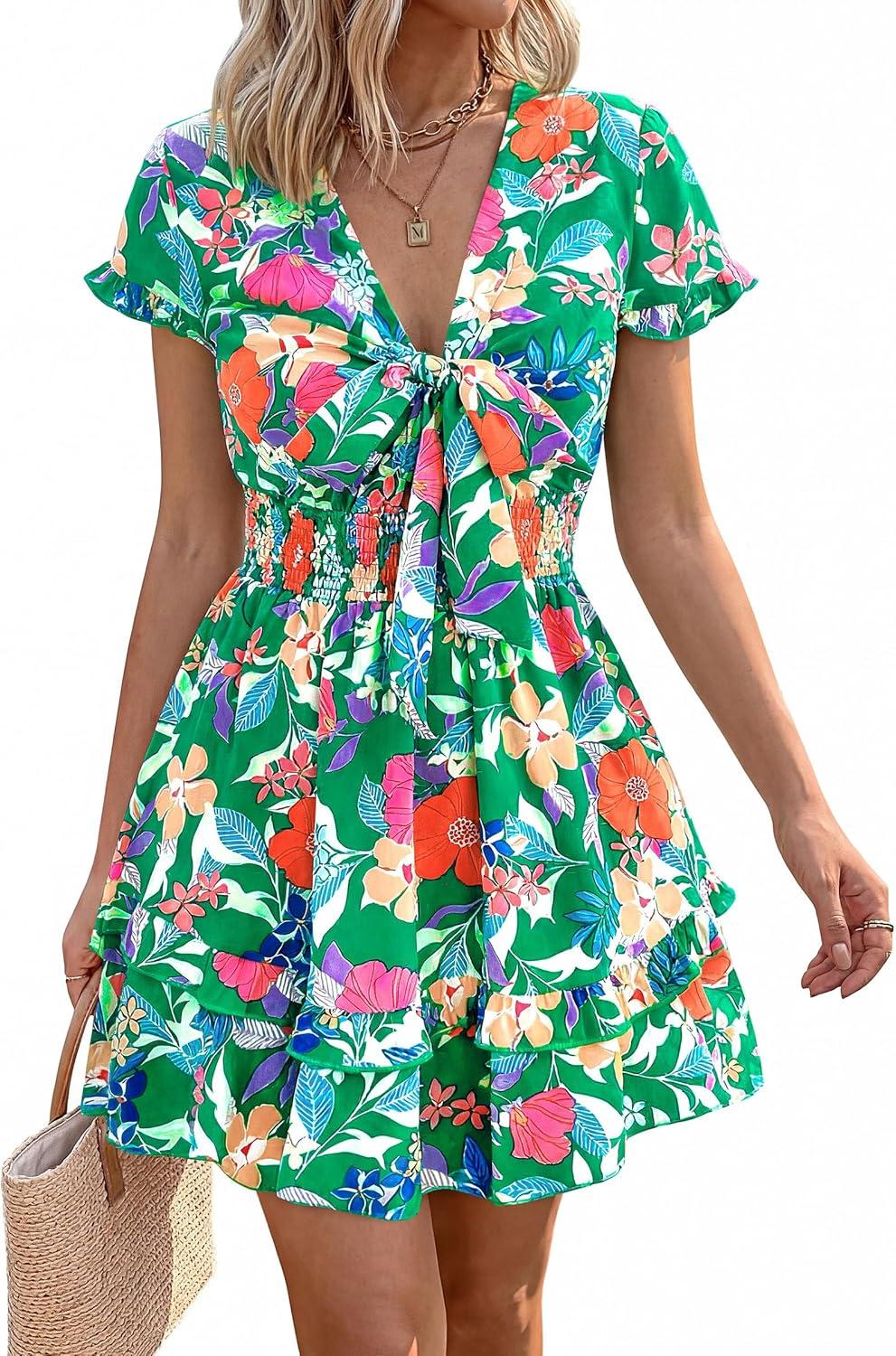 imagePRETTYGARDEN Women Summer Short Dress 2026 Casual V Neck Short Sleeve Tiered Bow Mini Sun Dresses Beach Vacation SundressFloral Green Orange
