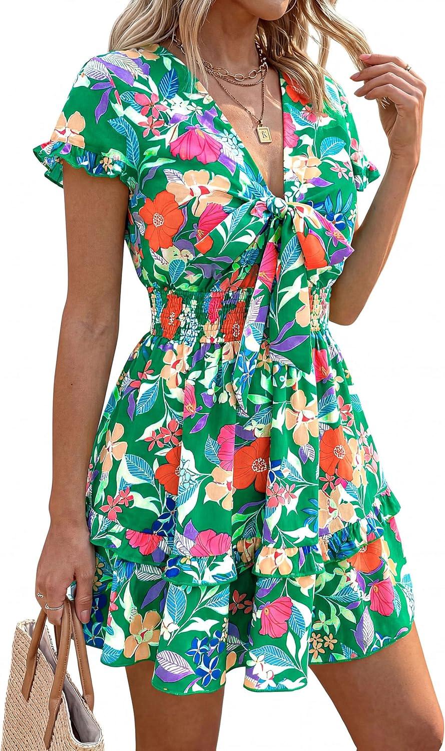 imagePRETTYGARDEN Women Summer Short Dress 2026 Casual V Neck Short Sleeve Tiered Bow Mini Sun Dresses Beach Vacation SundressFloral Green Orange