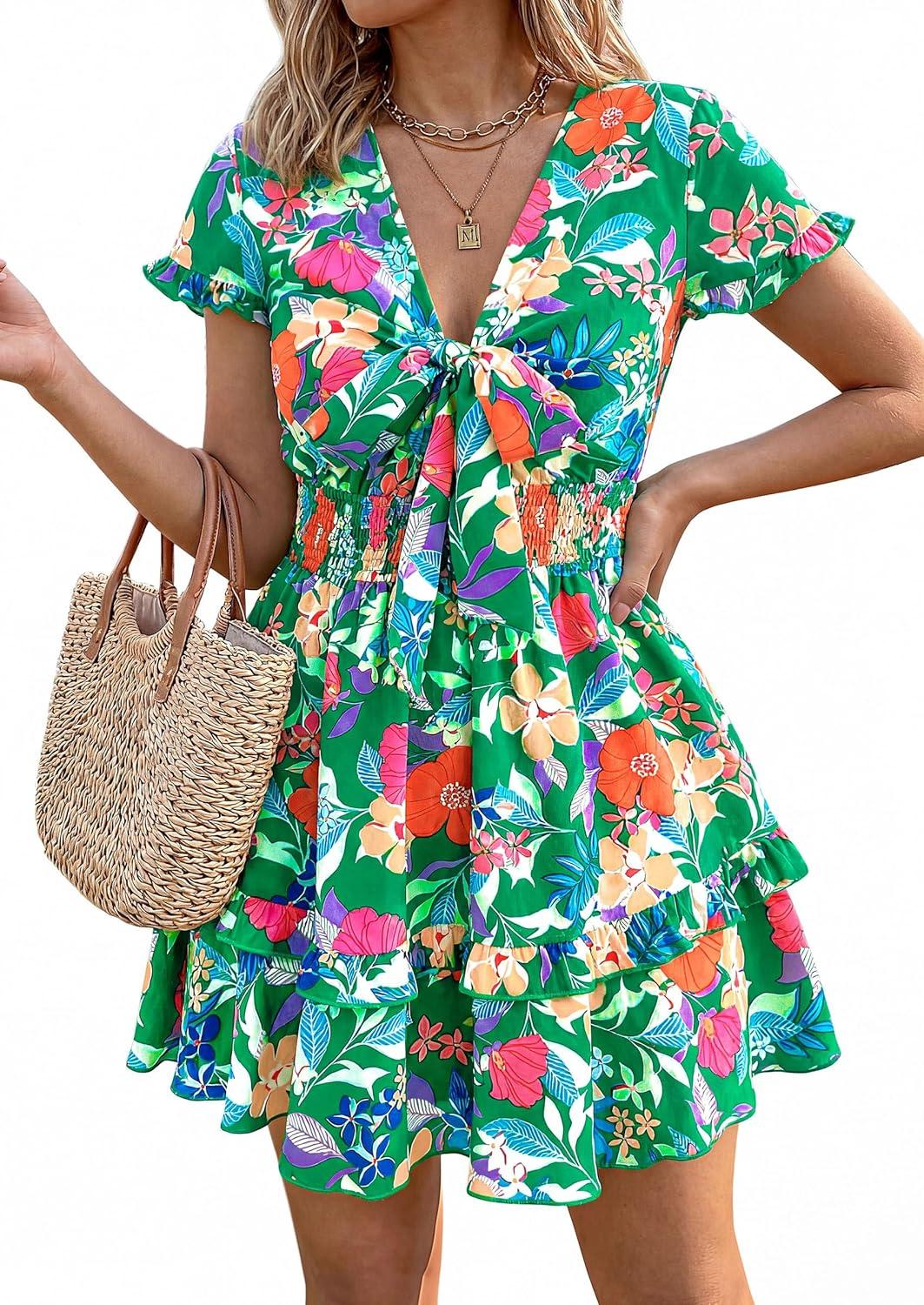 imagePRETTYGARDEN Women Summer Short Dress 2026 Casual V Neck Short Sleeve Tiered Bow Mini Sun Dresses Beach Vacation SundressFloral Green Orange