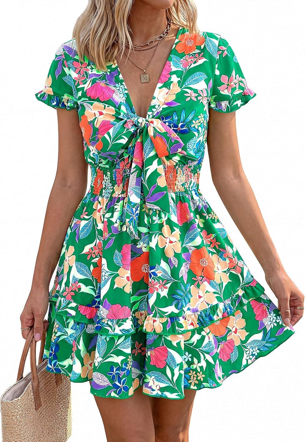 imagePRETTYGARDEN Women Summer Short Dress 2026 Casual V Neck Short Sleeve Tiered Bow Mini Sun Dresses Beach Vacation SundressFloral Green Orange