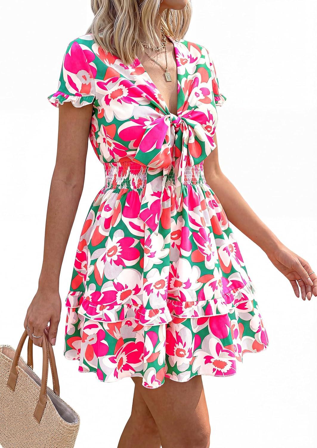 imagePRETTYGARDEN Women Summer Short Dress 2026 Casual V Neck Short Sleeve Tiered Bow Mini Sun Dresses Beach Vacation SundressFloral Green Pink