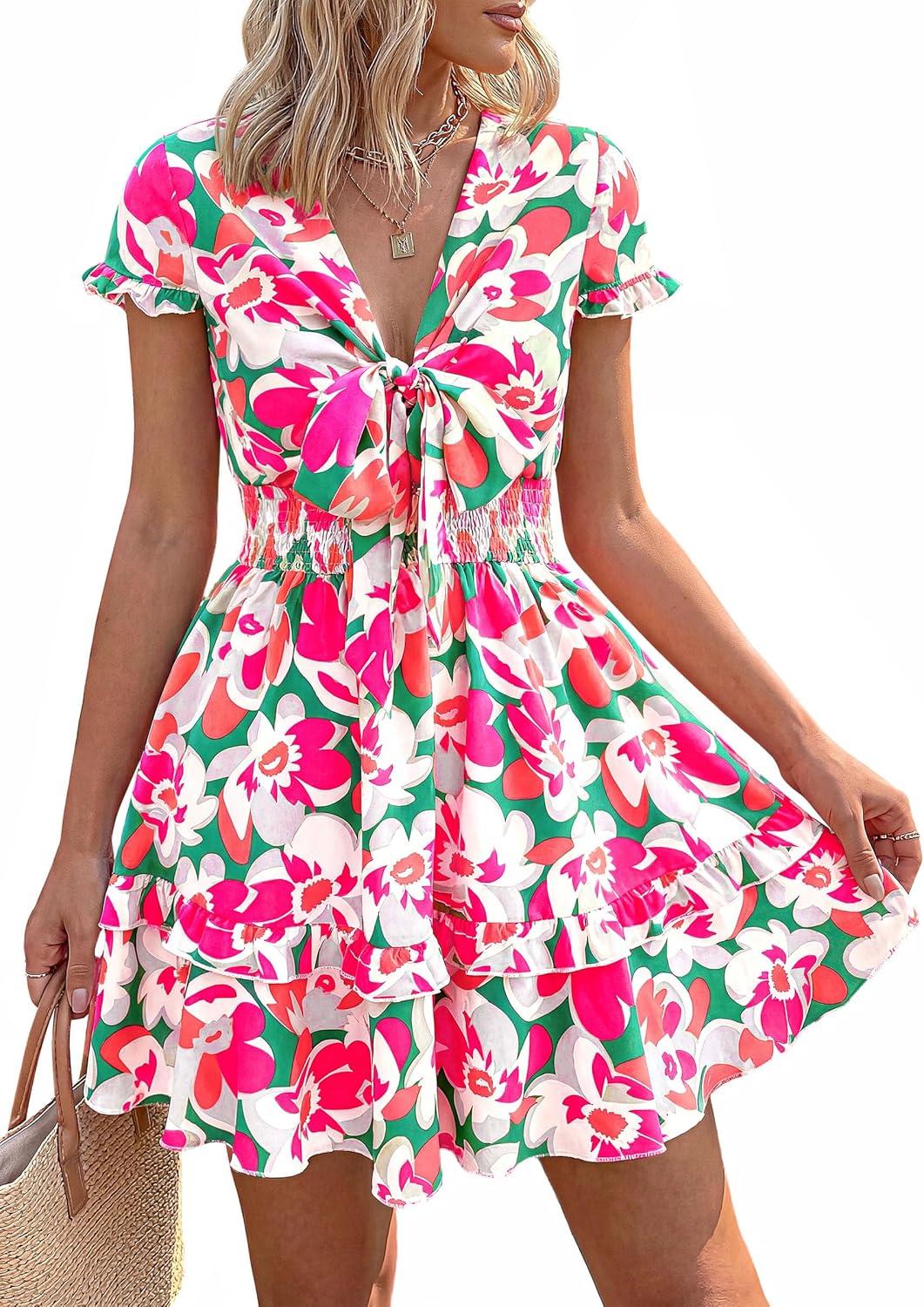 imagePRETTYGARDEN Women Summer Short Dress 2026 Casual V Neck Short Sleeve Tiered Bow Mini Sun Dresses Beach Vacation SundressFloral Green Pink