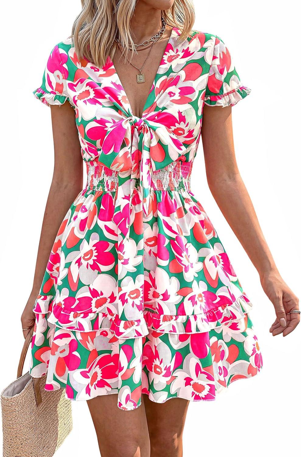 imagePRETTYGARDEN Women Summer Short Dress 2026 Casual V Neck Short Sleeve Tiered Bow Mini Sun Dresses Beach Vacation SundressFloral Green Pink
