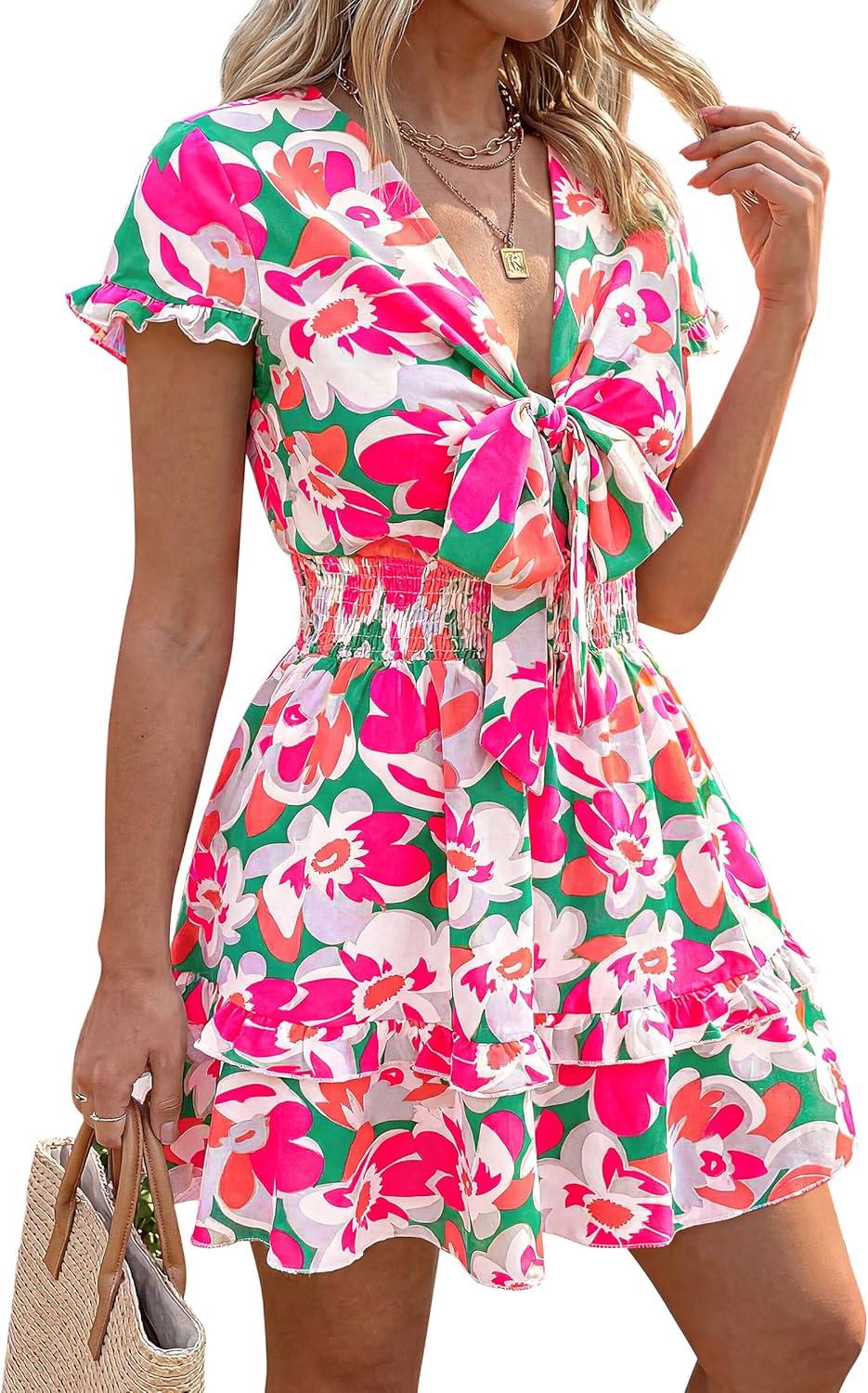 imagePRETTYGARDEN Women Summer Short Dress 2026 Casual V Neck Short Sleeve Tiered Bow Mini Sun Dresses Beach Vacation SundressFloral Green Pink
