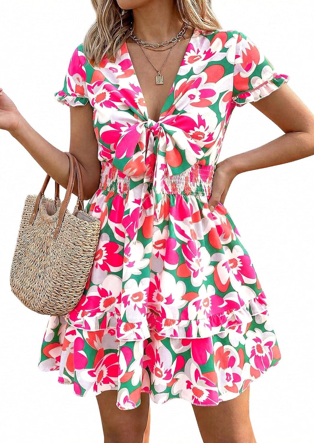 imagePRETTYGARDEN Women Summer Short Dress 2026 Casual V Neck Short Sleeve Tiered Bow Mini Sun Dresses Beach Vacation SundressFloral Green Pink