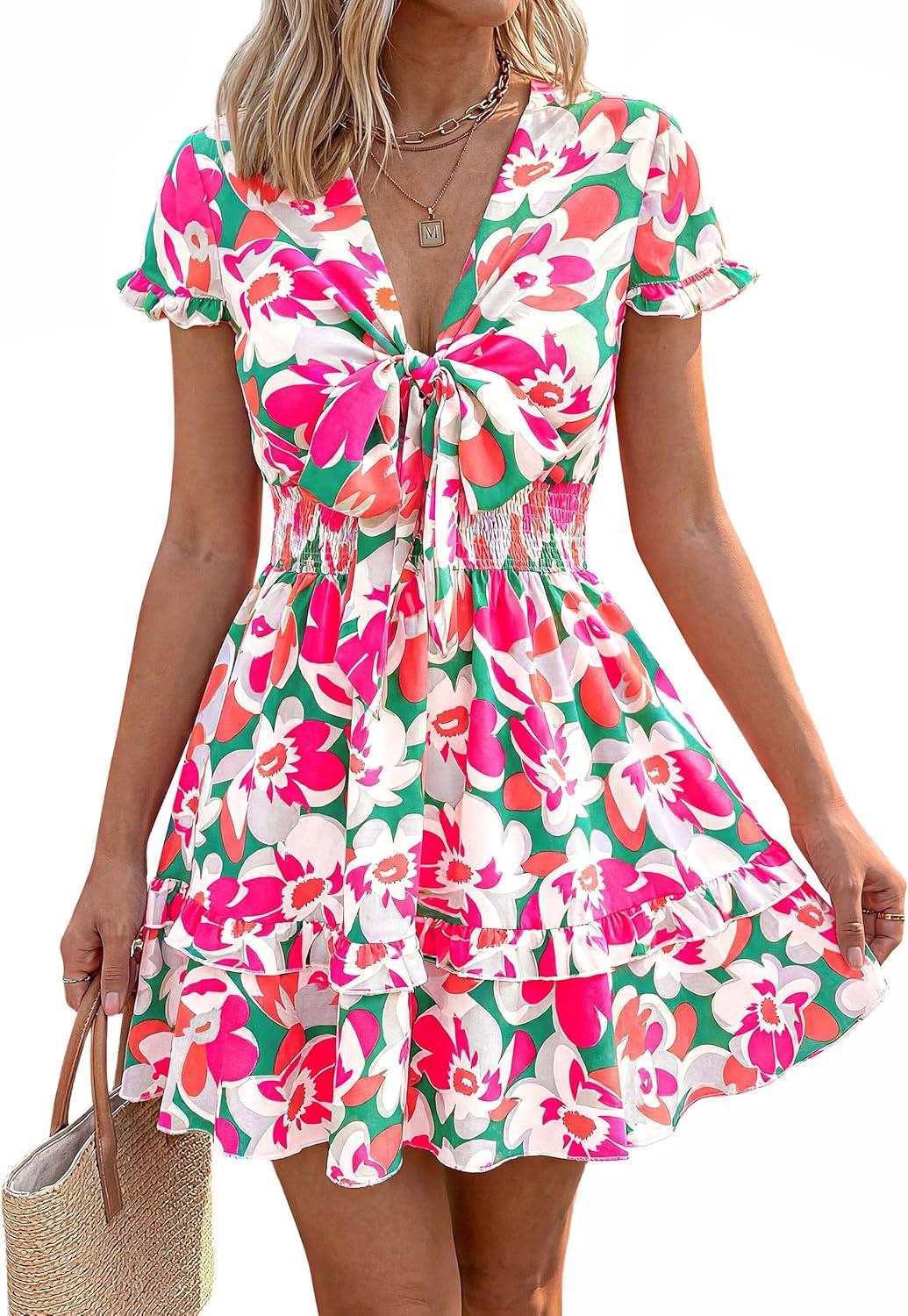 imagePRETTYGARDEN Women Summer Short Dress 2026 Casual V Neck Short Sleeve Tiered Bow Mini Sun Dresses Beach Vacation SundressFloral Green Pink