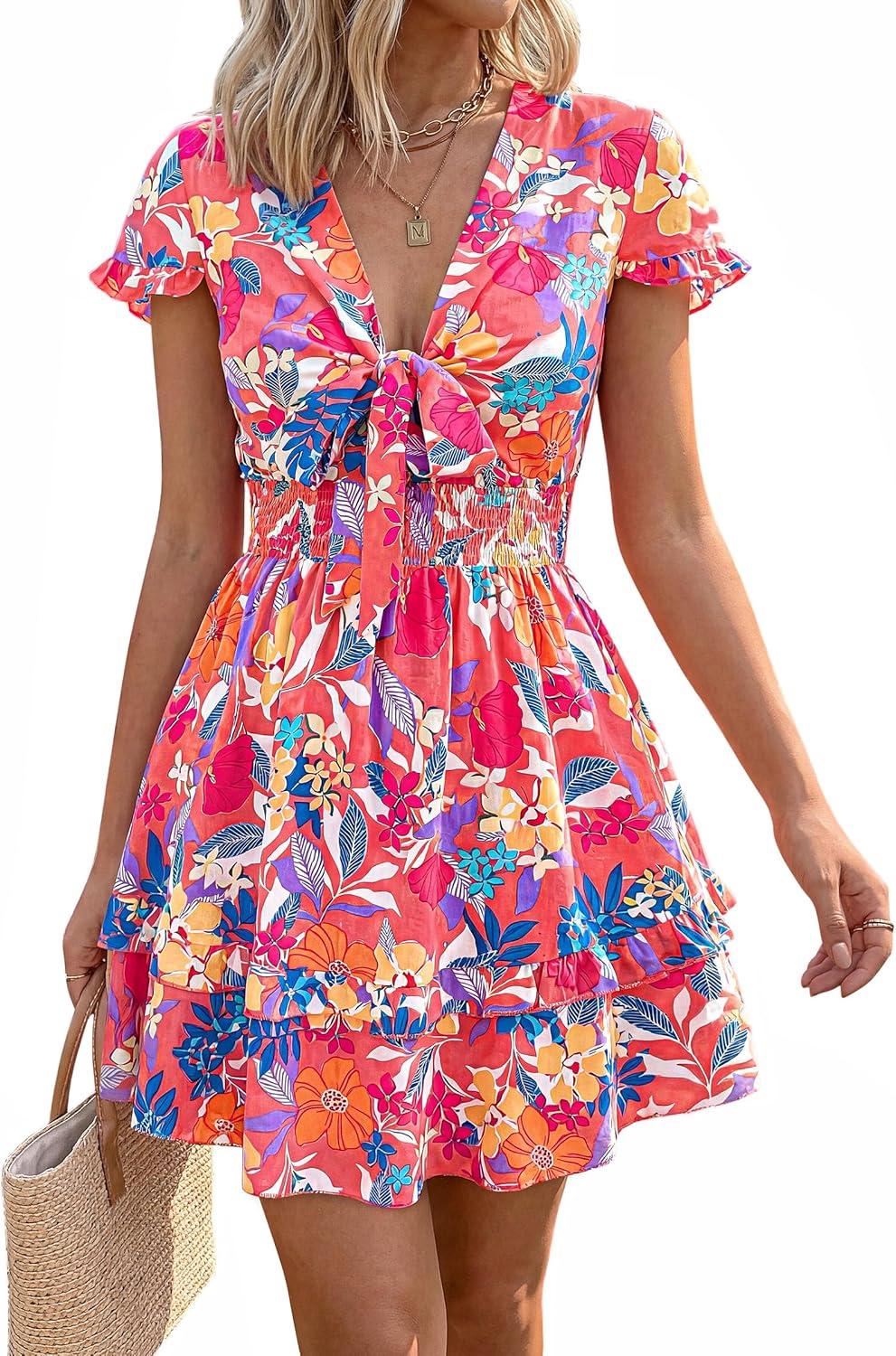 imagePRETTYGARDEN Women Summer Short Dress 2026 Casual V Neck Short Sleeve Tiered Bow Mini Sun Dresses Beach Vacation SundressFloral Pink Orange
