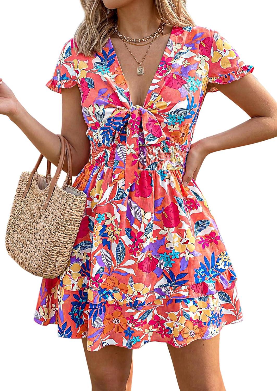 imagePRETTYGARDEN Women Summer Short Dress 2026 Casual V Neck Short Sleeve Tiered Bow Mini Sun Dresses Beach Vacation SundressFloral Pink Orange