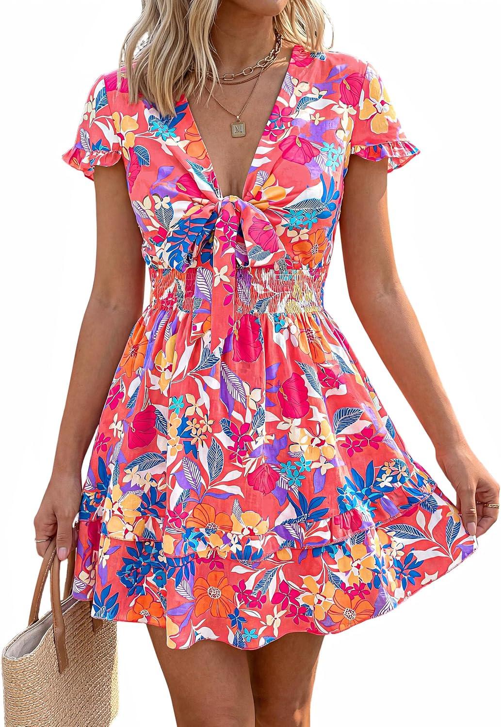 imagePRETTYGARDEN Women Summer Short Dress 2026 Casual V Neck Short Sleeve Tiered Bow Mini Sun Dresses Beach Vacation SundressFloral Pink Orange