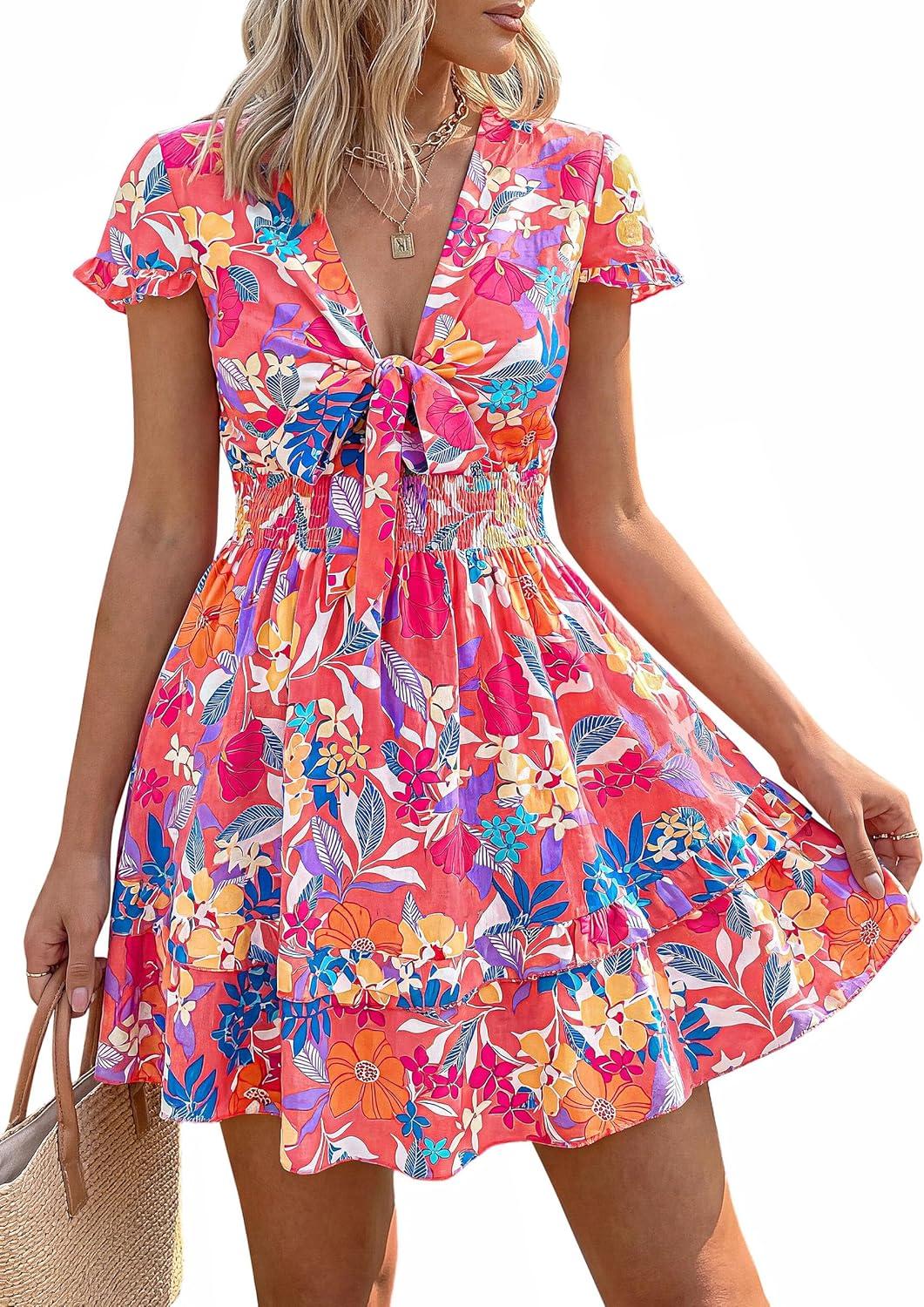 imagePRETTYGARDEN Women Summer Short Dress 2026 Casual V Neck Short Sleeve Tiered Bow Mini Sun Dresses Beach Vacation SundressFloral Pink Orange