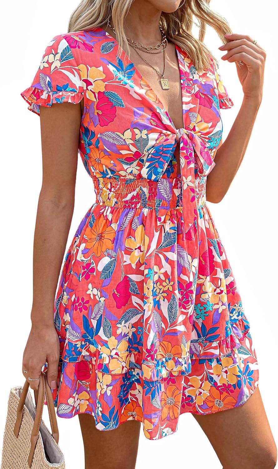 imagePRETTYGARDEN Women Summer Short Dress 2026 Casual V Neck Short Sleeve Tiered Bow Mini Sun Dresses Beach Vacation SundressFloral Pink Orange