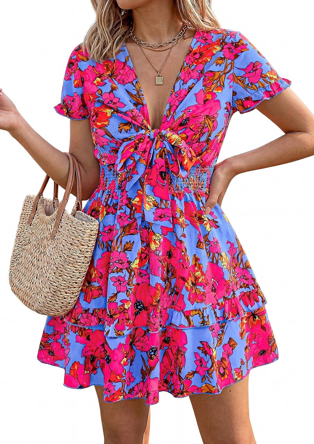 imagePRETTYGARDEN Women Summer Short Dress 2026 Casual V Neck Short Sleeve Tiered Bow Mini Sun Dresses Beach Vacation SundressFloral Rose Red