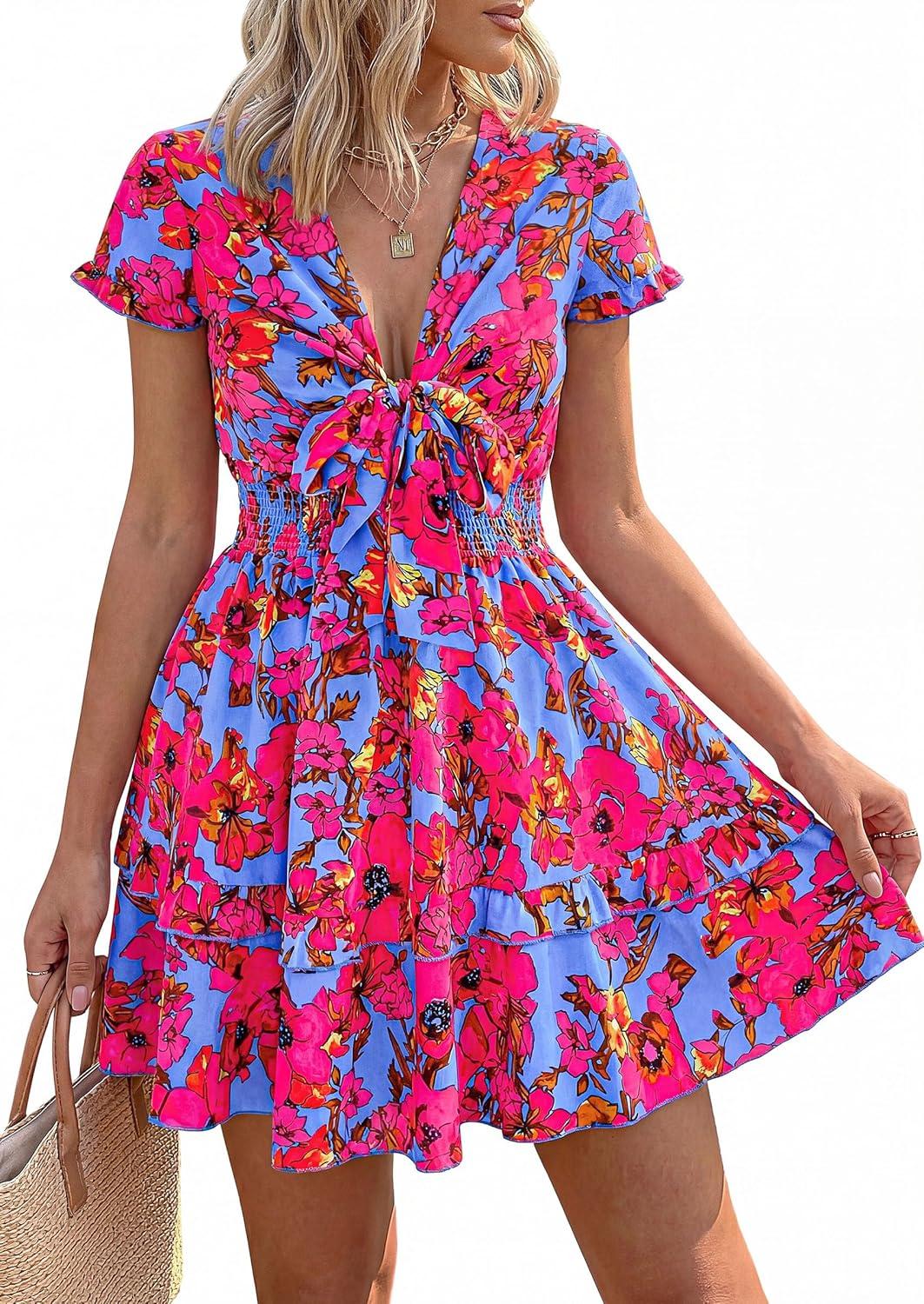 imagePRETTYGARDEN Women Summer Short Dress 2026 Casual V Neck Short Sleeve Tiered Bow Mini Sun Dresses Beach Vacation SundressFloral Rose Red