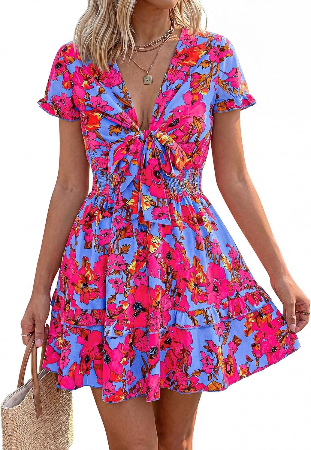 imagePRETTYGARDEN Women Summer Short Dress 2026 Casual V Neck Short Sleeve Tiered Bow Mini Sun Dresses Beach Vacation SundressFloral Rose Red