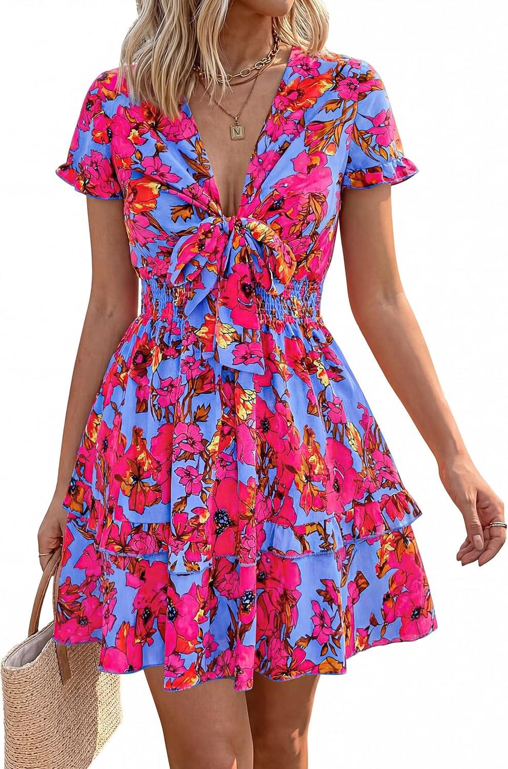 imagePRETTYGARDEN Women Summer Short Dress 2026 Casual V Neck Short Sleeve Tiered Bow Mini Sun Dresses Beach Vacation SundressFloral Rose Red