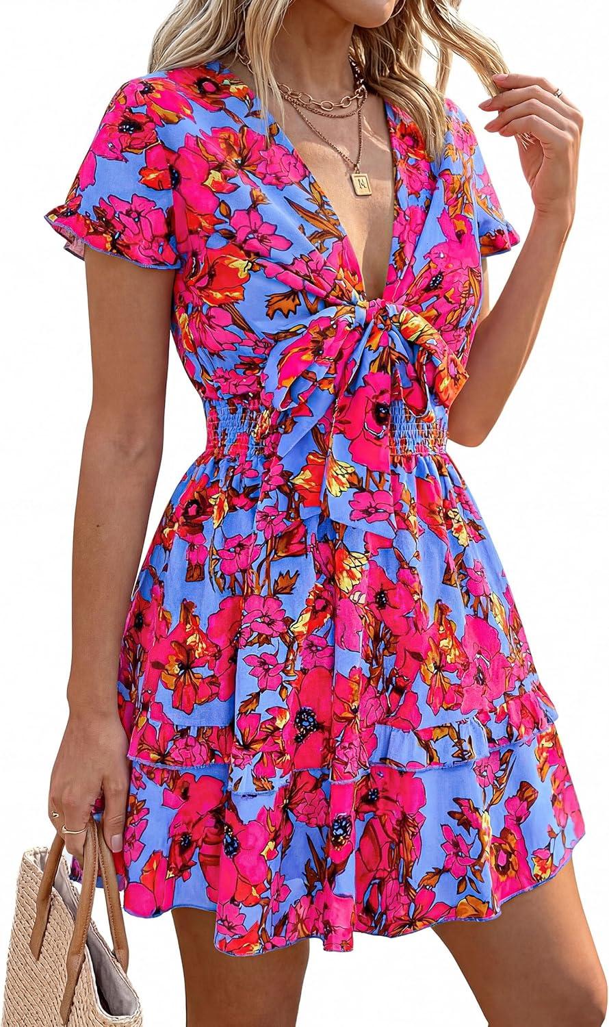 imagePRETTYGARDEN Women Summer Short Dress 2026 Casual V Neck Short Sleeve Tiered Bow Mini Sun Dresses Beach Vacation SundressFloral Rose Red