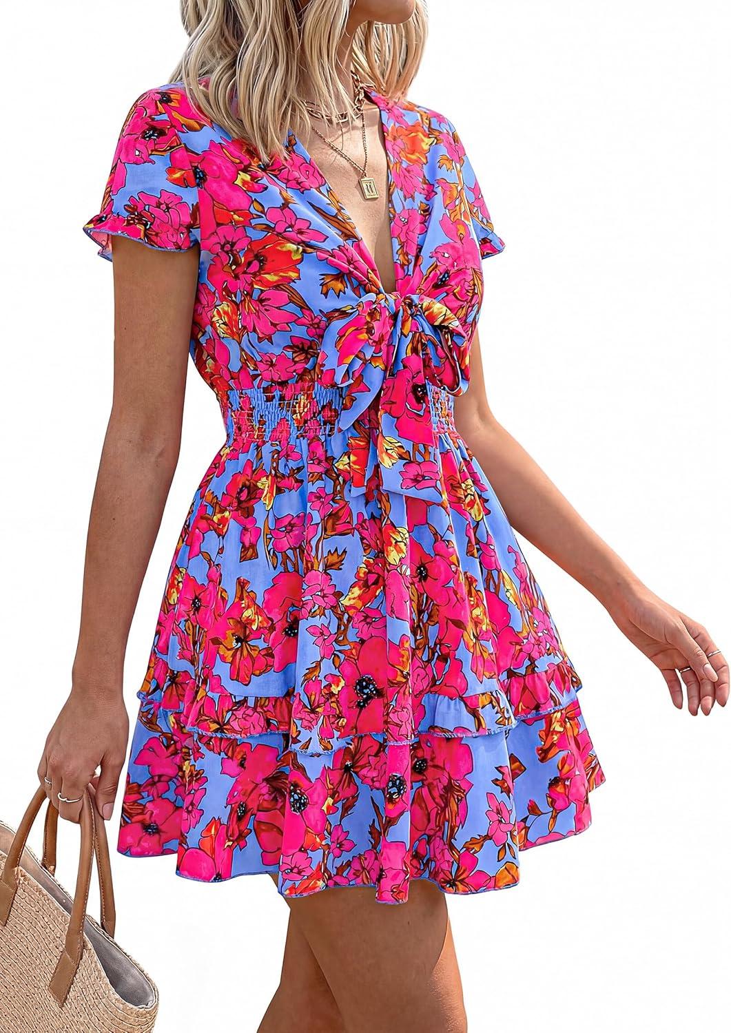 imagePRETTYGARDEN Women Summer Short Dress 2026 Casual V Neck Short Sleeve Tiered Bow Mini Sun Dresses Beach Vacation SundressFloral Rose Red