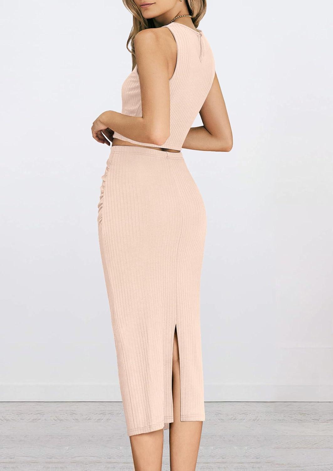 imagePRETTYGARDEN Womens 2 Piece Summer Outfits Crewneck Tank Tops Split Bodycon Midi Skirt SetApricot