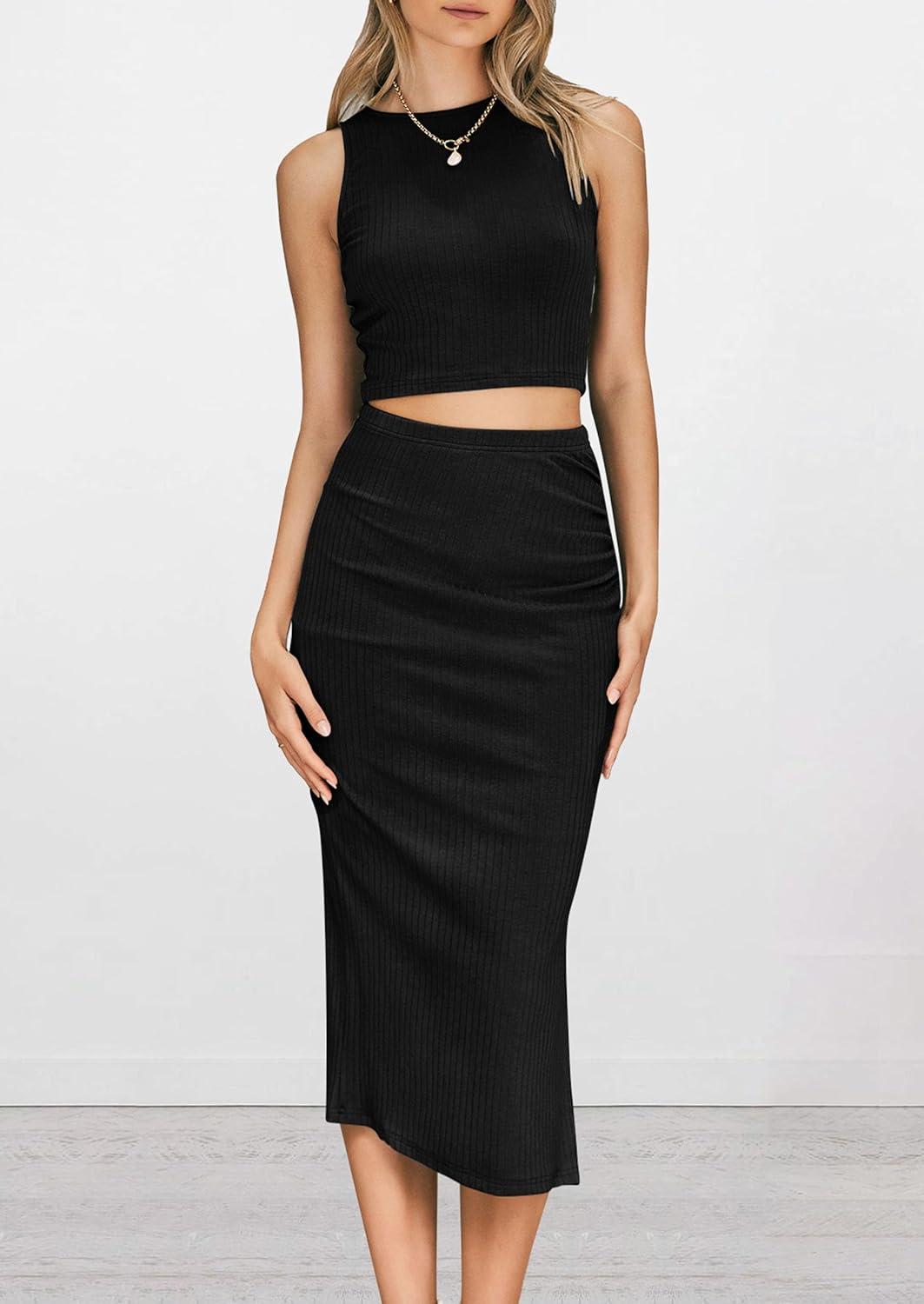 imagePRETTYGARDEN Womens 2 Piece Summer Outfits Crewneck Tank Tops Split Bodycon Midi Skirt SetBlack