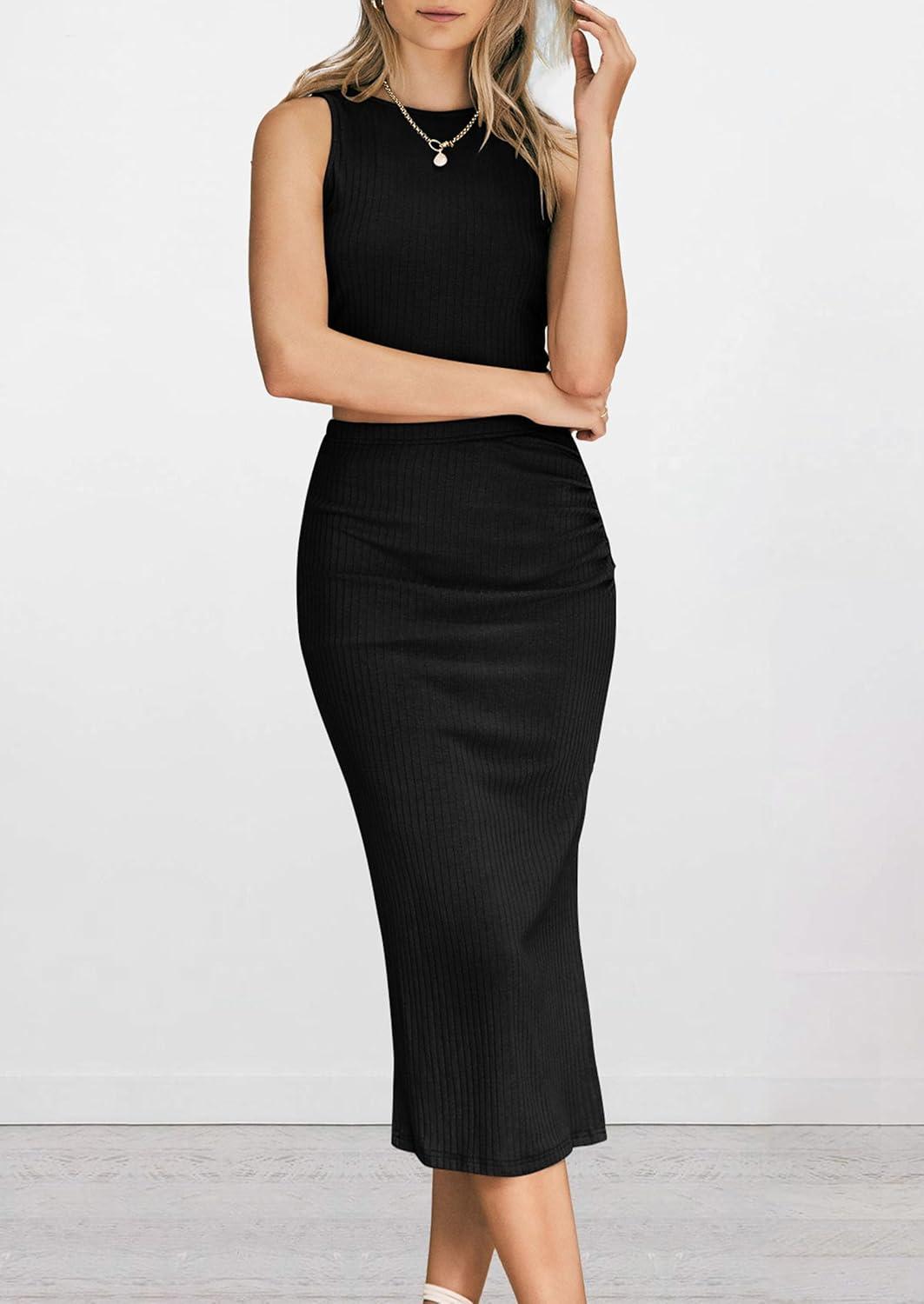 imagePRETTYGARDEN Womens 2 Piece Summer Outfits Crewneck Tank Tops Split Bodycon Midi Skirt SetBlack