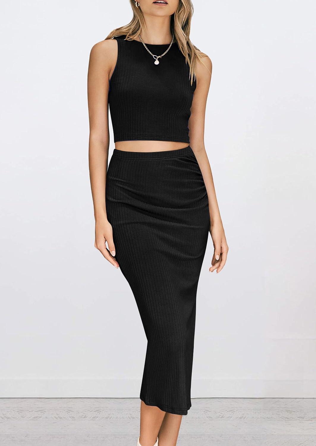 imagePRETTYGARDEN Womens 2 Piece Summer Outfits Crewneck Tank Tops Split Bodycon Midi Skirt SetBlack