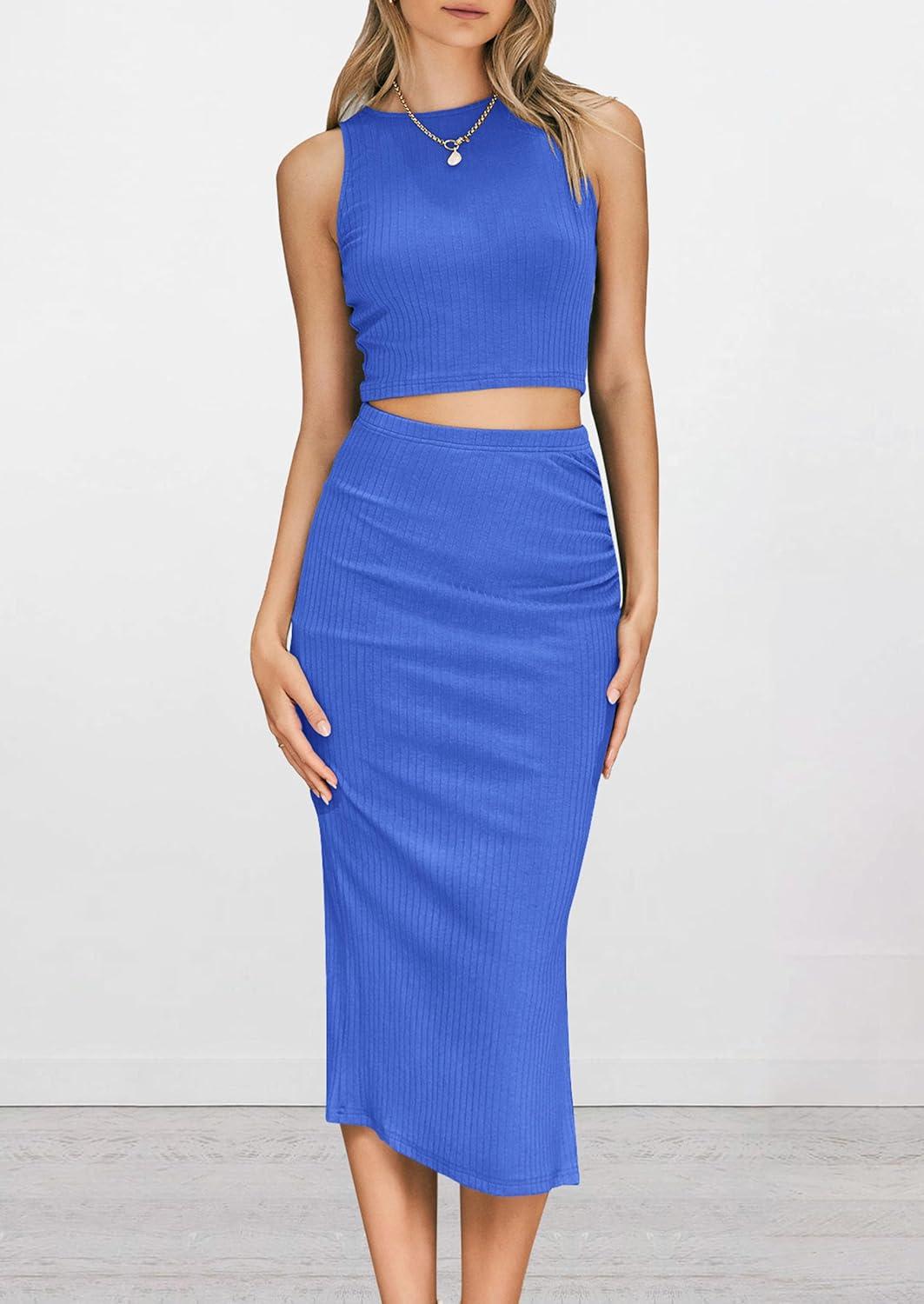 imagePRETTYGARDEN Womens 2 Piece Summer Outfits Crewneck Tank Tops Split Bodycon Midi Skirt SetBlue