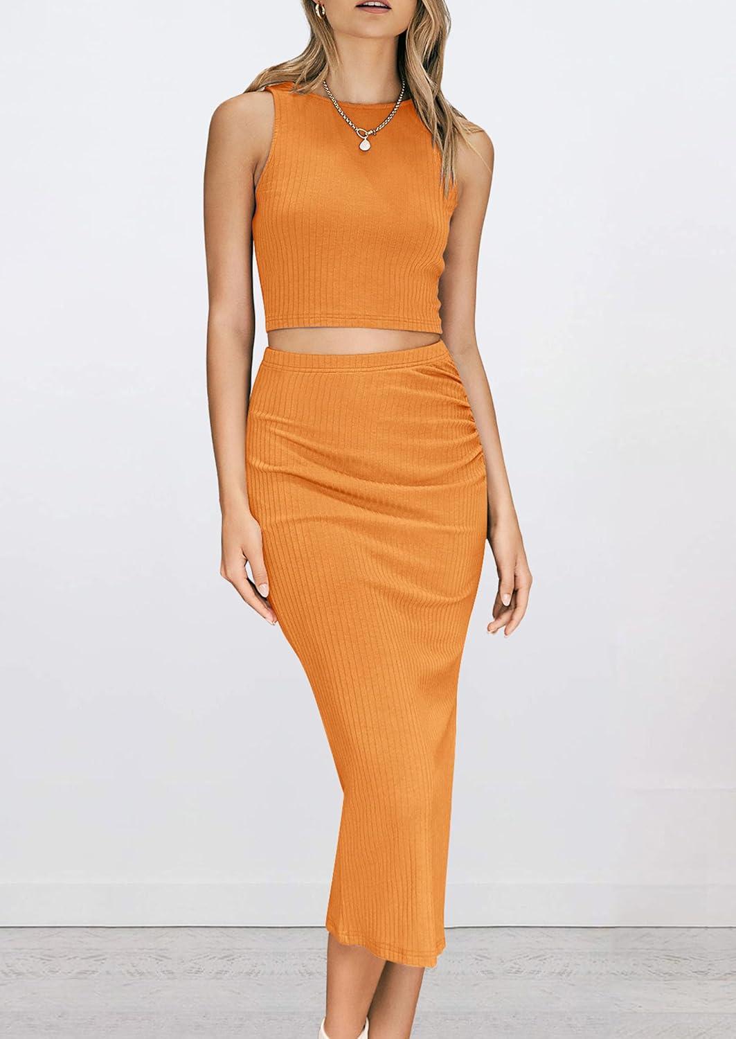 imagePRETTYGARDEN Womens 2 Piece Summer Outfits Crewneck Tank Tops Split Bodycon Midi Skirt SetBright Yellow
