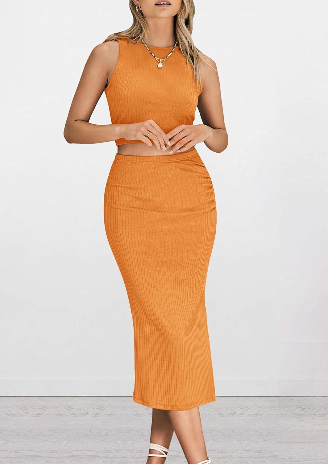 imagePRETTYGARDEN Womens 2 Piece Summer Outfits Crewneck Tank Tops Split Bodycon Midi Skirt SetBright Yellow