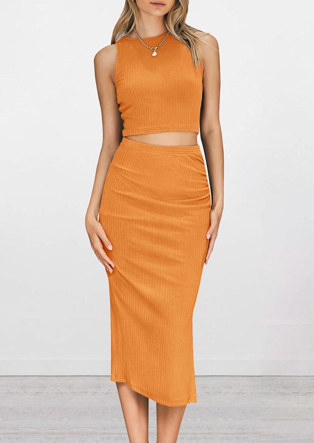 imagePRETTYGARDEN Womens 2 Piece Summer Outfits Crewneck Tank Tops Split Bodycon Midi Skirt SetBright Yellow