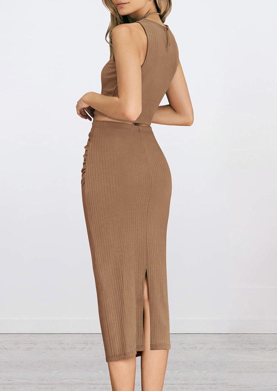 imagePRETTYGARDEN Womens 2 Piece Summer Outfits Crewneck Tank Tops Split Bodycon Midi Skirt SetCamel