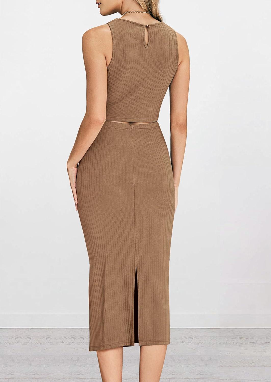 imagePRETTYGARDEN Womens 2 Piece Summer Outfits Crewneck Tank Tops Split Bodycon Midi Skirt SetCamel