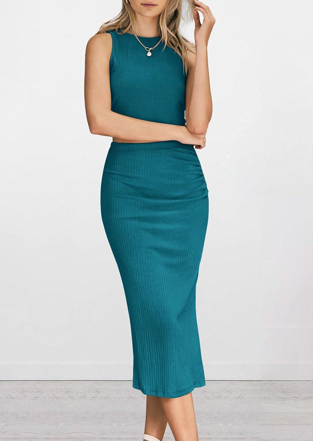 imagePRETTYGARDEN Womens 2 Piece Summer Outfits Crewneck Tank Tops Split Bodycon Midi Skirt SetDark Green