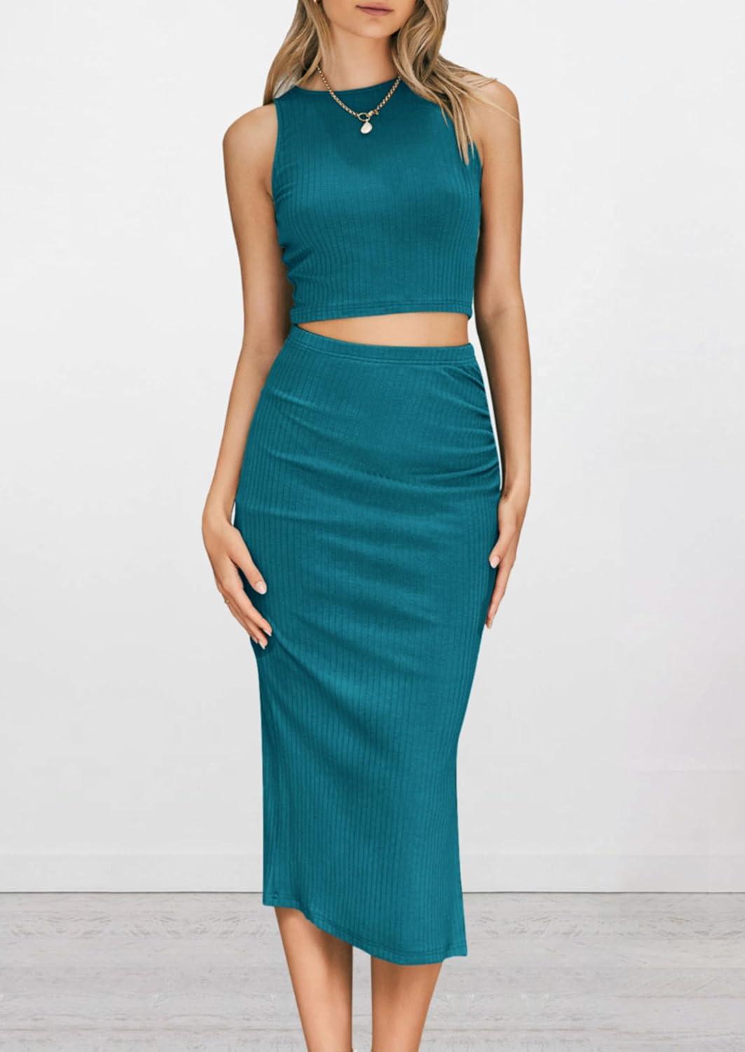 imagePRETTYGARDEN Womens 2 Piece Summer Outfits Crewneck Tank Tops Split Bodycon Midi Skirt SetDark Green