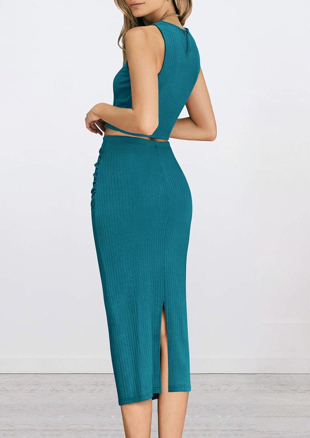 imagePRETTYGARDEN Womens 2 Piece Summer Outfits Crewneck Tank Tops Split Bodycon Midi Skirt SetDark Green