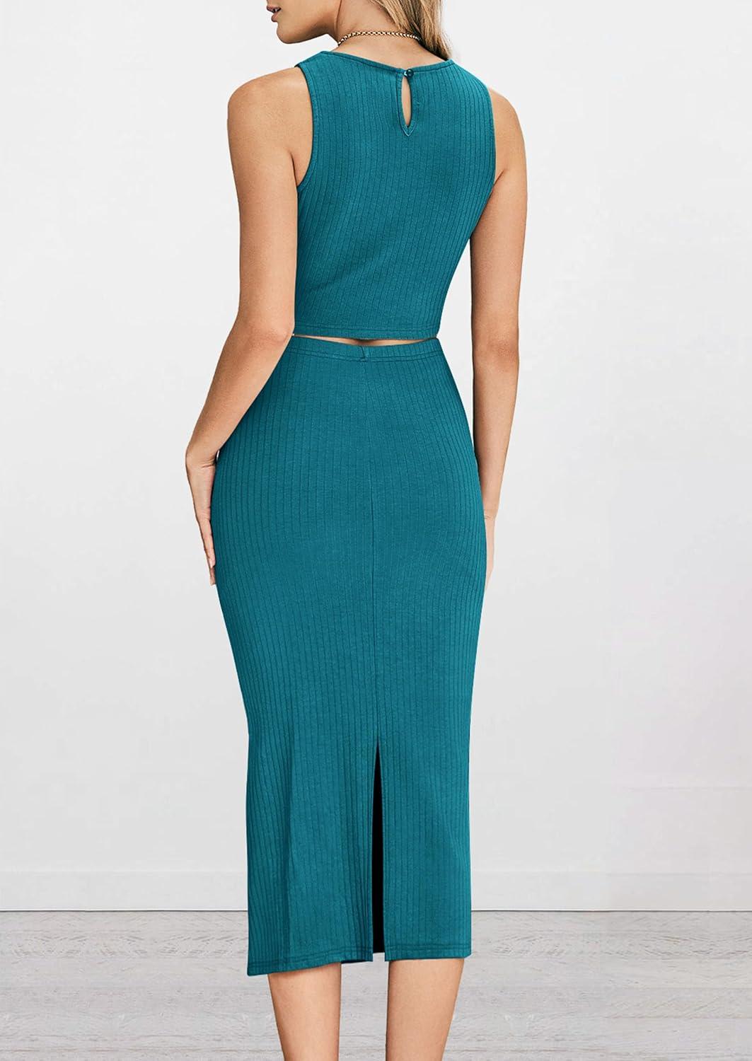 imagePRETTYGARDEN Womens 2 Piece Summer Outfits Crewneck Tank Tops Split Bodycon Midi Skirt SetDark Green