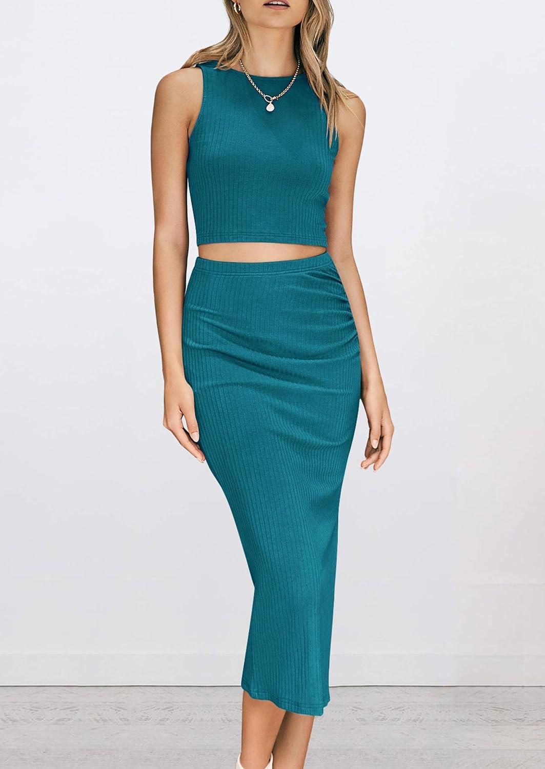 imagePRETTYGARDEN Womens 2 Piece Summer Outfits Crewneck Tank Tops Split Bodycon Midi Skirt SetDark Green