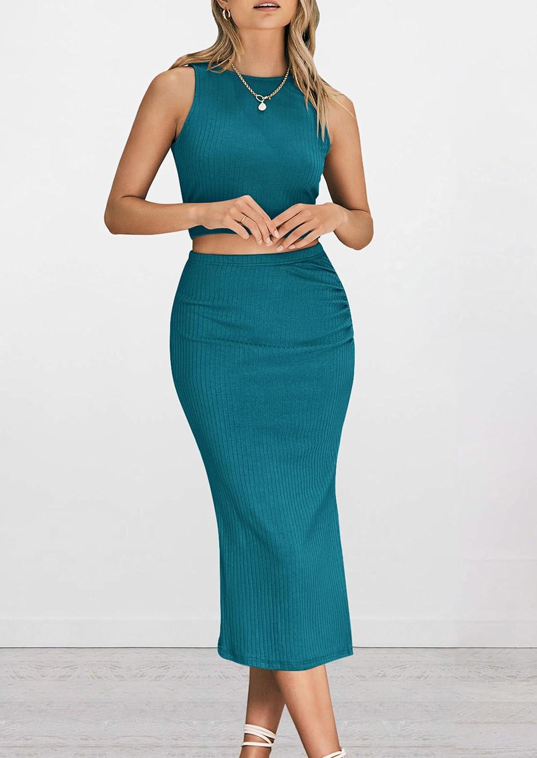 imagePRETTYGARDEN Womens 2 Piece Summer Outfits Crewneck Tank Tops Split Bodycon Midi Skirt SetDark Green