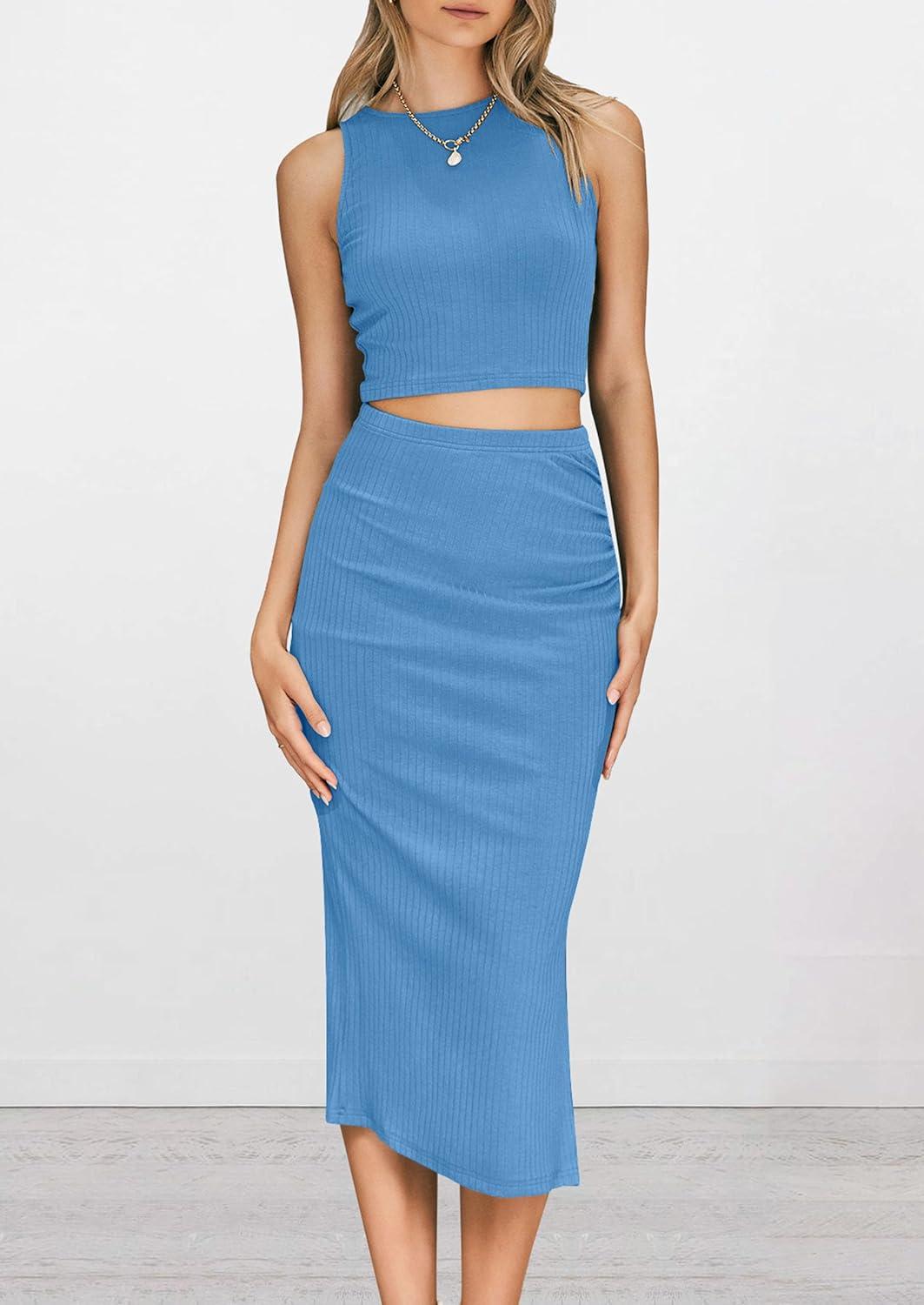 imagePRETTYGARDEN Womens 2 Piece Summer Outfits Crewneck Tank Tops Split Bodycon Midi Skirt SetLight Blue